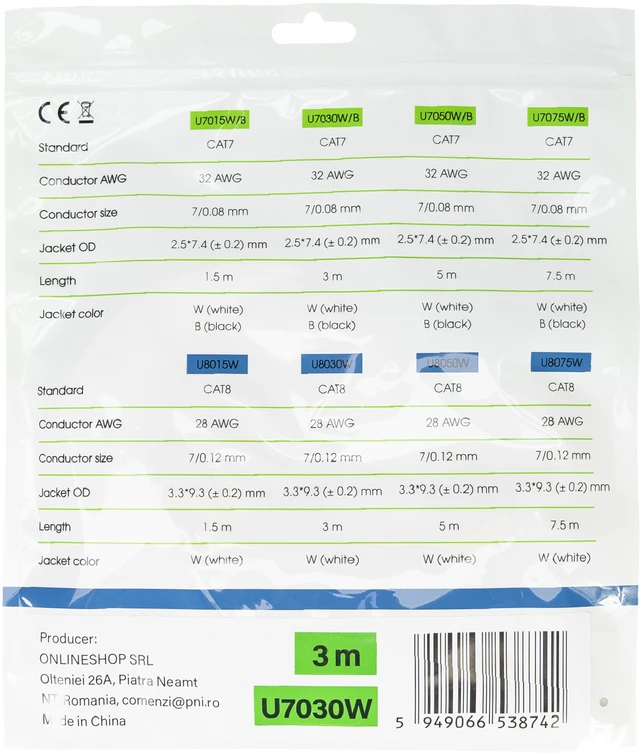 Plokščias tinklo kabelis S/STP CAT7 PNI U7030W, 2 x RJ45, 4 laidų poros, 32AWG, varinis, 10 Gbps, 600 MHz, 3m, baltas