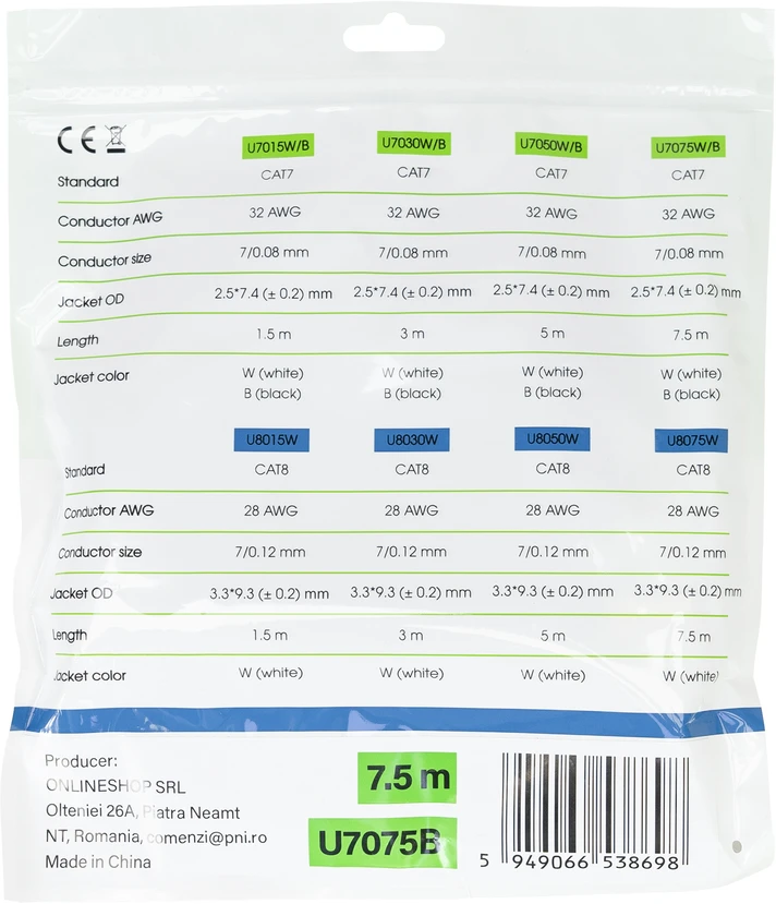 Plokščias tinklo kabelis S/STP CAT7 PNI U7075B, 2 x RJ45, 4 laidų poros, 32AWG, varinis, 10 Gbps, 600 MHz, 7,5m, juodas
