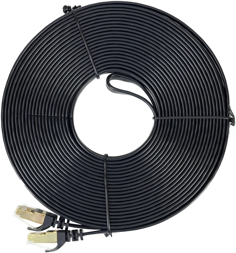 Plokščias tinklo kabelis S/STP CAT7 PNI U7150B, 2 x RJ45, 4 laidų poros, 32AWG, varinis, 10 Gbps, 600 MHz, 15m, juodas