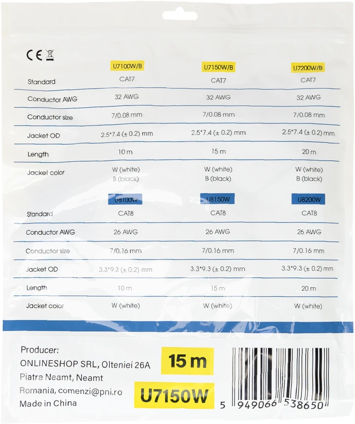 Plokščias tinklo kabelis S/STP CAT7 PNI U7150W, 2 x RJ45, 4 laidų poros, 32AWG, varinis, 10 Gbps, 600 MHz, 15m, baltas