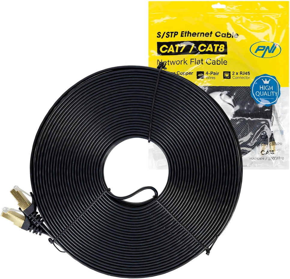 Plokščias tinklo kabelis S/STP CAT7 PNI U7200B, 2 x RJ45, 4 laidų poros, 32AWG, varinis, 10 Gbps, 600 MHz, 20m, juodas