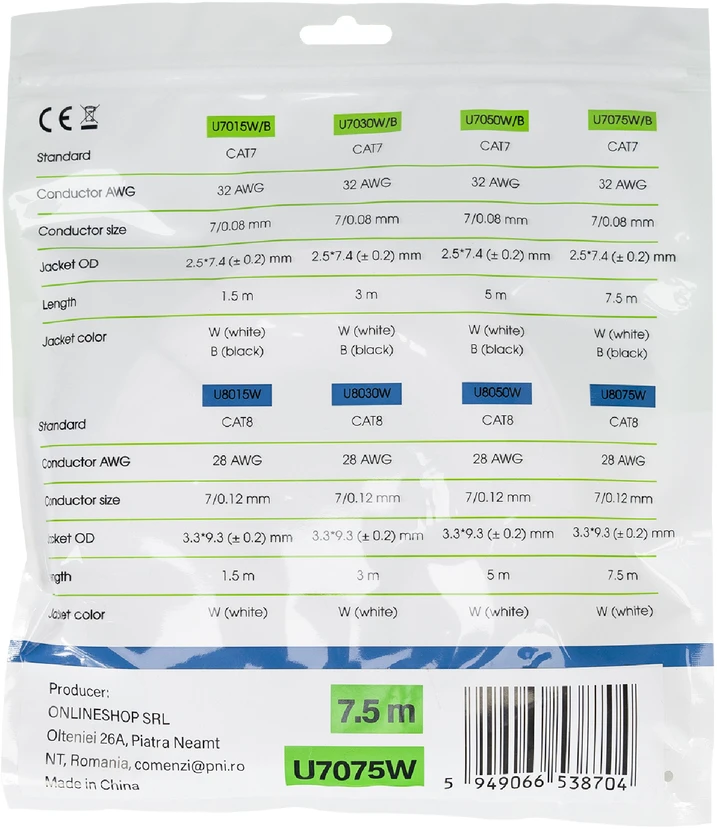 Plokščias tinklo kabelis S/STP CAT7 PNI U7075W, 2 x RJ45, 4 laidų poros, 32AWG, varinis, 10 Gbps, 600 MHz, 7.5m, baltas