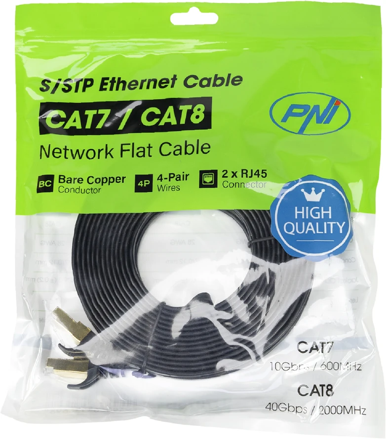 Plokščias tinklo kabelis S/STP CAT7 PNI U7075B, 2 x RJ45, 4 laidų poros, 32AWG, varinis, 10 Gbps, 600 MHz, 7,5m, juodas
