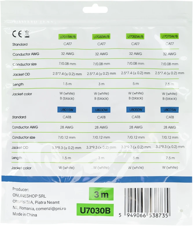 Plokščias tinklo kabelis S/STP CAT7 PNI U7030B, 2 x RJ45, 4 laidų poros, 32AWG, varinis, 10 Gbps, 600 MHz, 3m, juodas