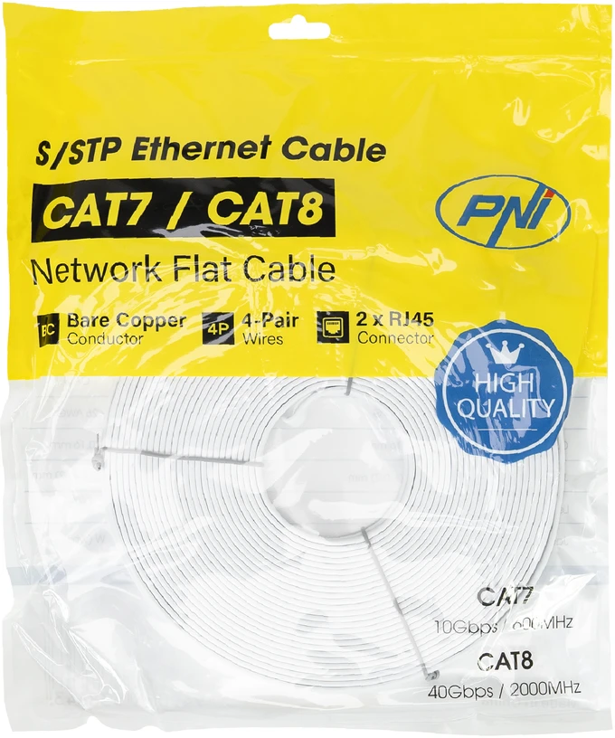 Plokščias tinklo kabelis S/STP CAT7 PNI U7200W, 2 x RJ45, 4 laidų poros, 32AWG, varinis, 10 Gbps, 600 MHz, 20m, baltas
