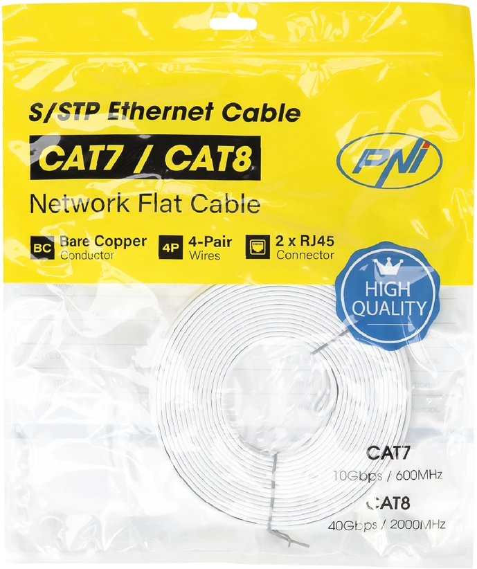 Plokščias tinklo kabelis S/STP CAT7 PNI U7100W, 2 x RJ45, 4 laidų poros, 32AWG, varinis, 10 Gbps, 600 MHz, 10m, baltas