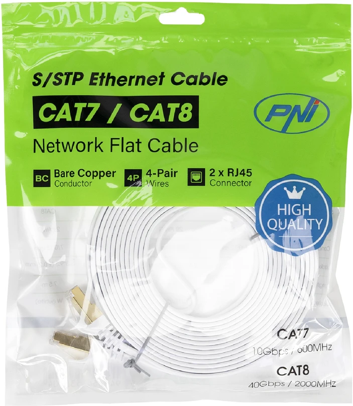 Plokščias tinklo kabelis S/STP CAT7 PNI U7075W, 2 x RJ45, 4 laidų poros, 32AWG, varinis, 10 Gbps, 600 MHz, 7.5m, baltas