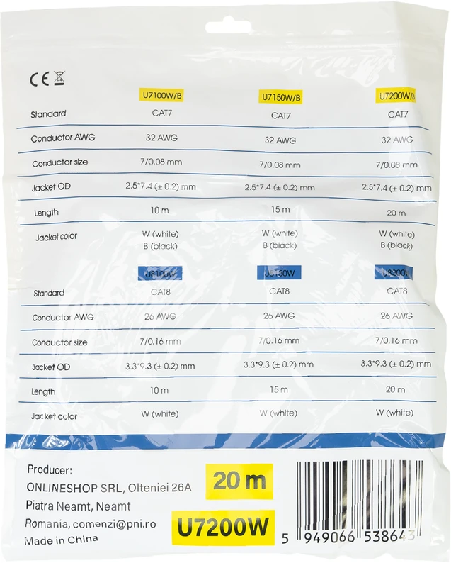 Plokščias tinklo kabelis S/STP CAT7 PNI U7200W, 2 x RJ45, 4 laidų poros, 32AWG, varinis, 10 Gbps, 600 MHz, 20m, baltas