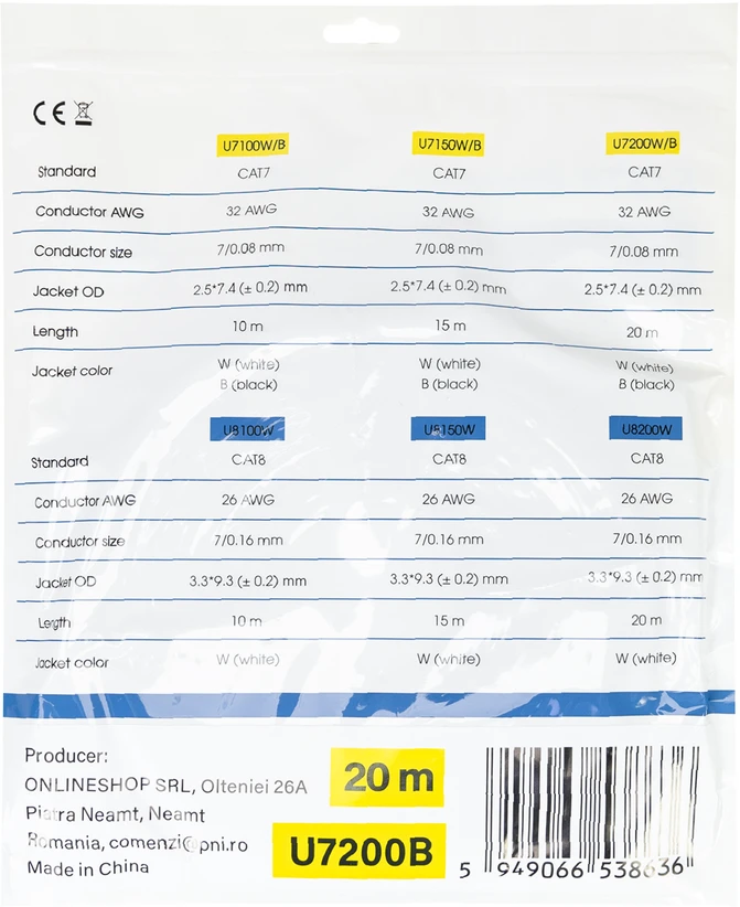 Plokščias tinklo kabelis S/STP CAT7 PNI U7200B, 2 x RJ45, 4 laidų poros, 32AWG, varinis, 10 Gbps, 600 MHz, 20m, juodas