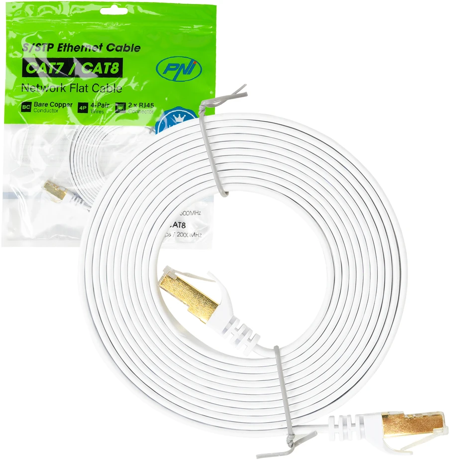 Plokščias tinklo kabelis S/STP CAT7 PNI U7030W, 2 x RJ45, 4 laidų poros, 32AWG, varinis, 10 Gbps, 600 MHz, 3m, baltas