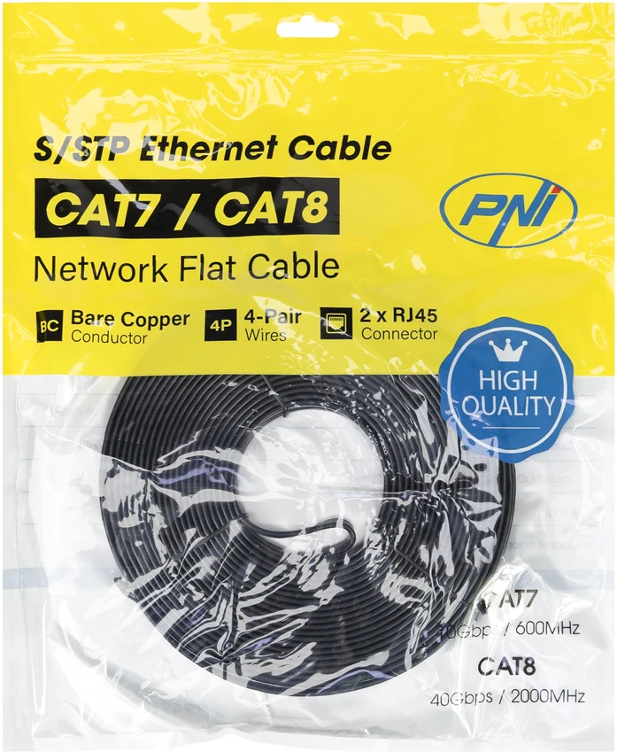 Plokščias tinklo kabelis S/STP CAT7 PNI U7150B, 2 x RJ45, 4 laidų poros, 32AWG, varinis, 10 Gbps, 600 MHz, 15m, juodas