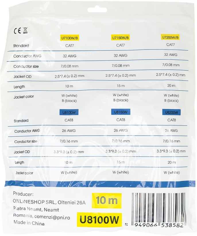 Plokščias tinklo kabelis S/STP CAT8 PNI U8100W, 2 x RJ45, 4 laidų poros, 28AWG, varinis, 40 Gbps, 2000 MHz, 10m, baltas