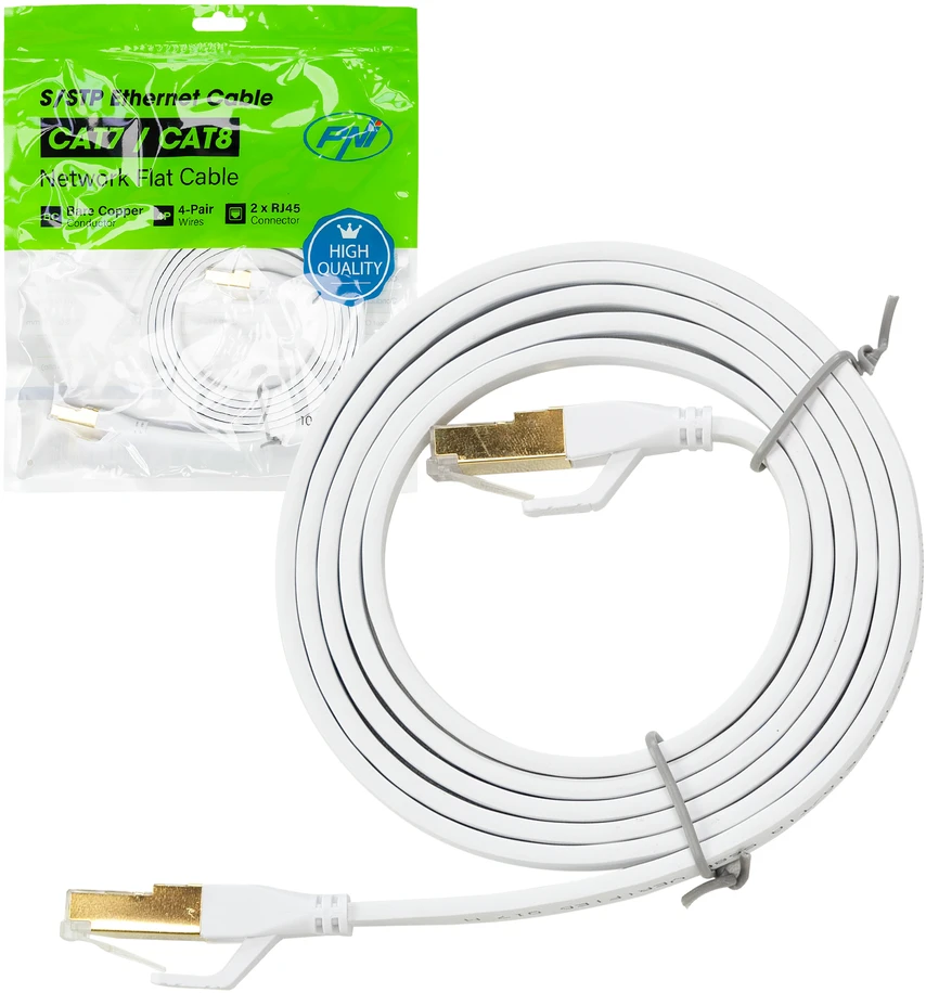 Plokščias tinklo kabelis S/STP CAT8 PNI U8015W, Patch, 2 x RJ45, 4 laidų poros, 28AWG, varinis, 40 Gbps, 2000 MHz, 1.5m, baltas
