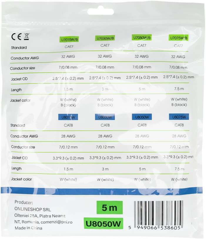Plokščias tinklo kabelis S/STP CAT8 PNI U8050W, 2 x RJ45, 4 laidų poros, 28AWG, varinis, 40 Gbps, 2000 MHz, 5m, baltas