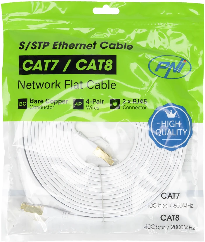 Plokščias tinklo kabelis S/STP CAT8 PNI U8050W, 2 x RJ45, 4 laidų poros, 28AWG, varinis, 40 Gbps, 2000 MHz, 5m, baltas