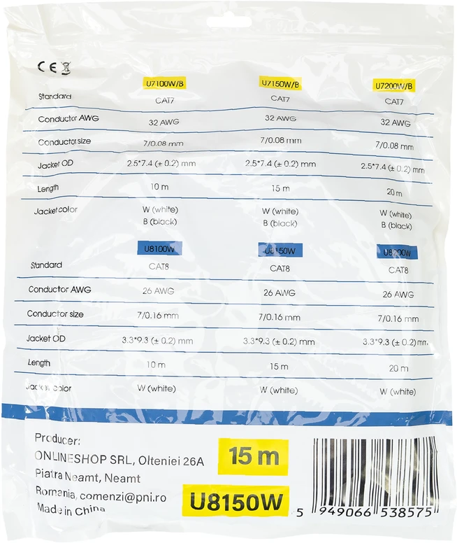 Plokščias tinklo kabelis S/STP CAT8 PNI U8200W, 2 x RJ45, 4 laidų poros, 28AWG, varinis, 40 Gbps, 2000 MHz, 20m, baltas