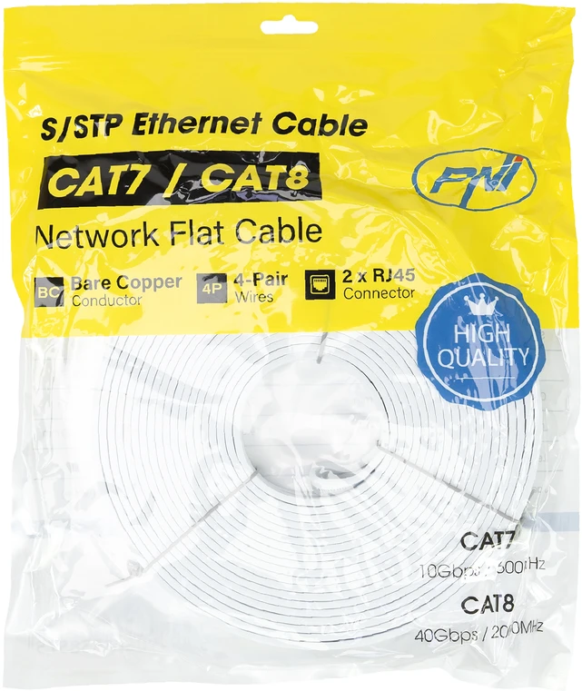 Plokščias tinklo kabelis S/STP CAT8 PNI U8150W, 2 x RJ45, 4 laidų poros, 28AWG, varinis, 40 Gbps, 2000 MHz, 15m, baltas