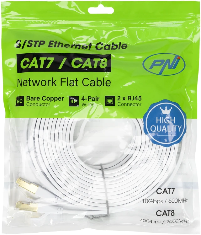 Plokščias tinklo kabelis S/STP CAT8 PNI U8075W, 2 x RJ45, 4 laidų poros, 28AWG, varinis, 40 Gbps, 2000 MHz, 7.5m, baltas