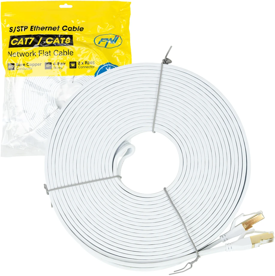 Plokščias tinklo kabelis S/STP CAT8 PNI U8200W, 2 x RJ45, 4 laidų poros, 28AWG, varinis, 40 Gbps, 2000 MHz, 20m, baltas
