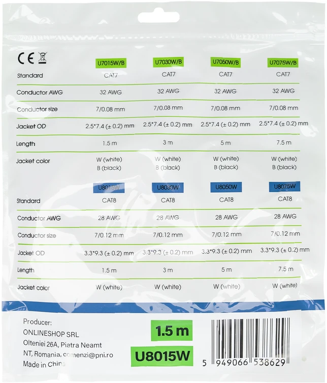 Plokščias tinklo kabelis S/STP CAT8 PNI U8015W, Patch, 2 x RJ45, 4 laidų poros, 28AWG, varinis, 40 Gbps, 2000 MHz, 1.5m, baltas