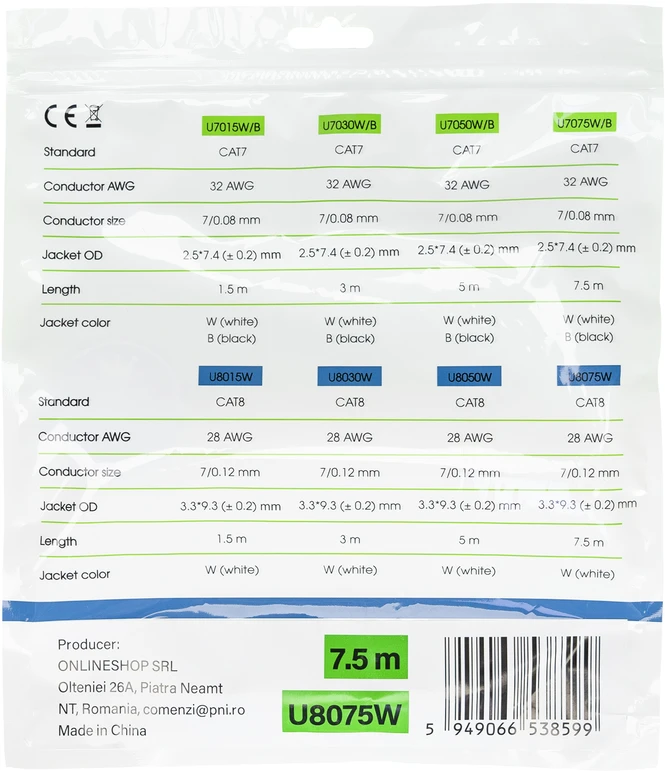 Plokščias tinklo kabelis S/STP CAT8 PNI U8075W, 2 x RJ45, 4 laidų poros, 28AWG, varinis, 40 Gbps, 2000 MHz, 7.5m, baltas