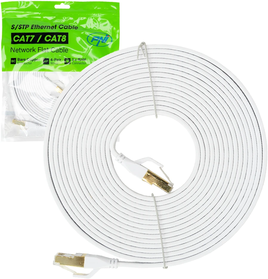 Plokščias tinklo kabelis S/STP CAT8 PNI U8050W, 2 x RJ45, 4 laidų poros, 28AWG, varinis, 40 Gbps, 2000 MHz, 5m, baltas