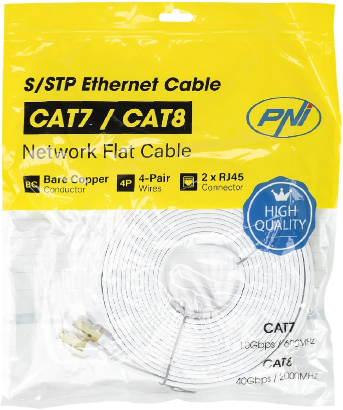 Plokščias tinklo kabelis S/STP CAT8 PNI U8100W, 2 x RJ45, 4 laidų poros, 28AWG, varinis, 40 Gbps, 2000 MHz, 10m, baltas