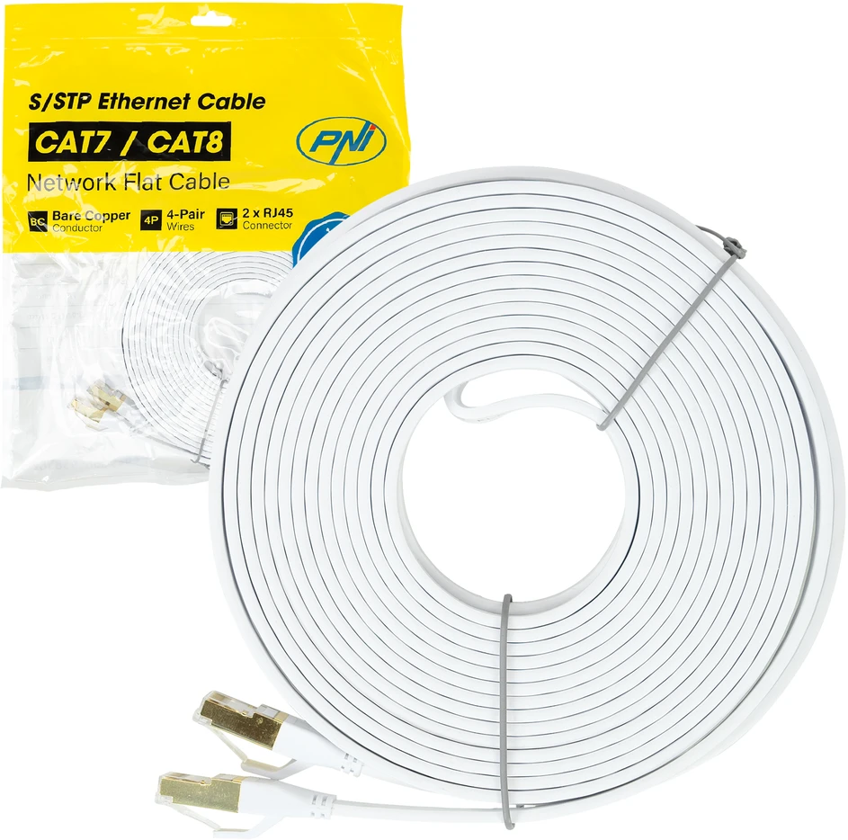 Plokščias tinklo kabelis S/STP CAT8 PNI U8100W, 2 x RJ45, 4 laidų poros, 28AWG, varinis, 40 Gbps, 2000 MHz, 10m, baltas