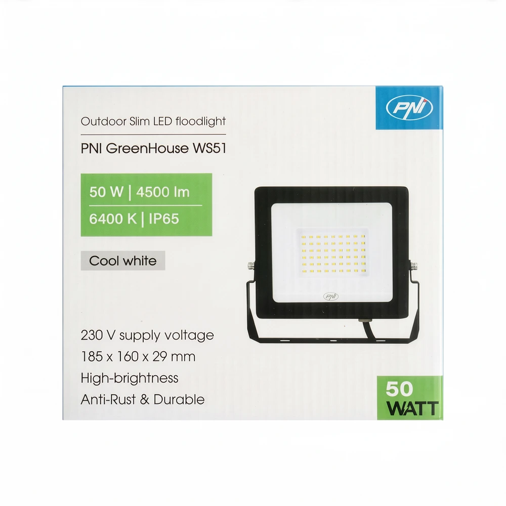 Plonas LED prožektorius PNI GreenHouse WS51 50W, 6400K, 3898 lm, 184.5*29*160mm