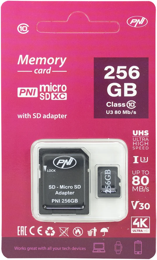 PNI 256GB „MicroSD“ atminties kortelė su SD adapteriu, 10 klasė, 80 Mb/s, V30
