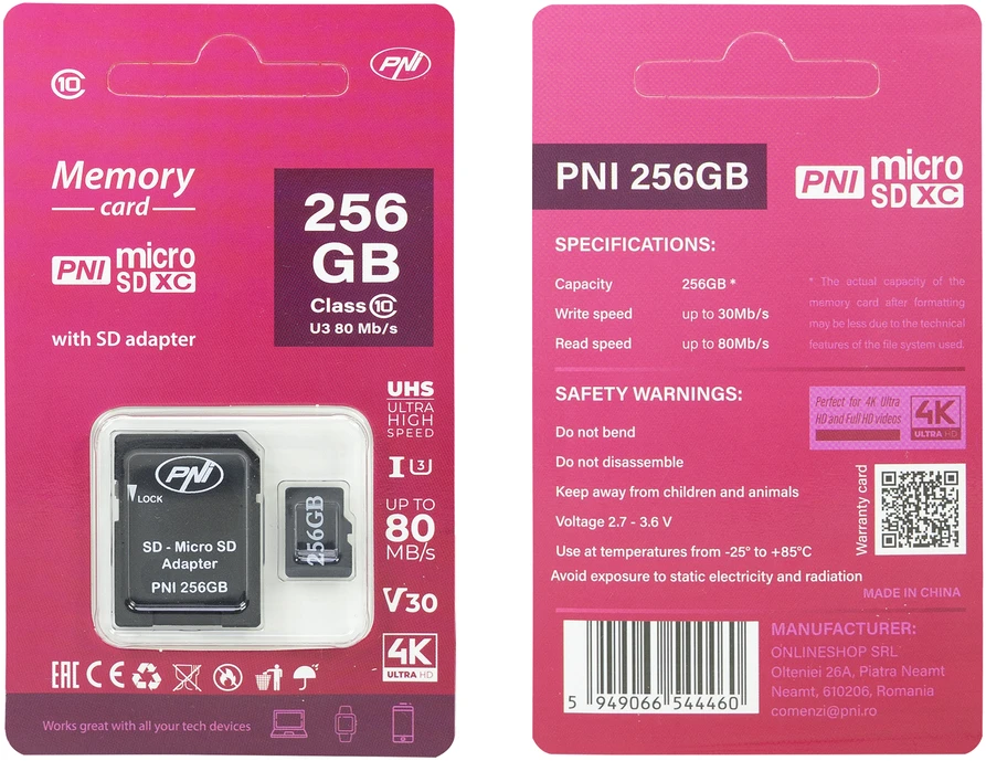PNI 256GB „MicroSD“ atminties kortelė su SD adapteriu, 10 klasė, 80 Mb/s, V30