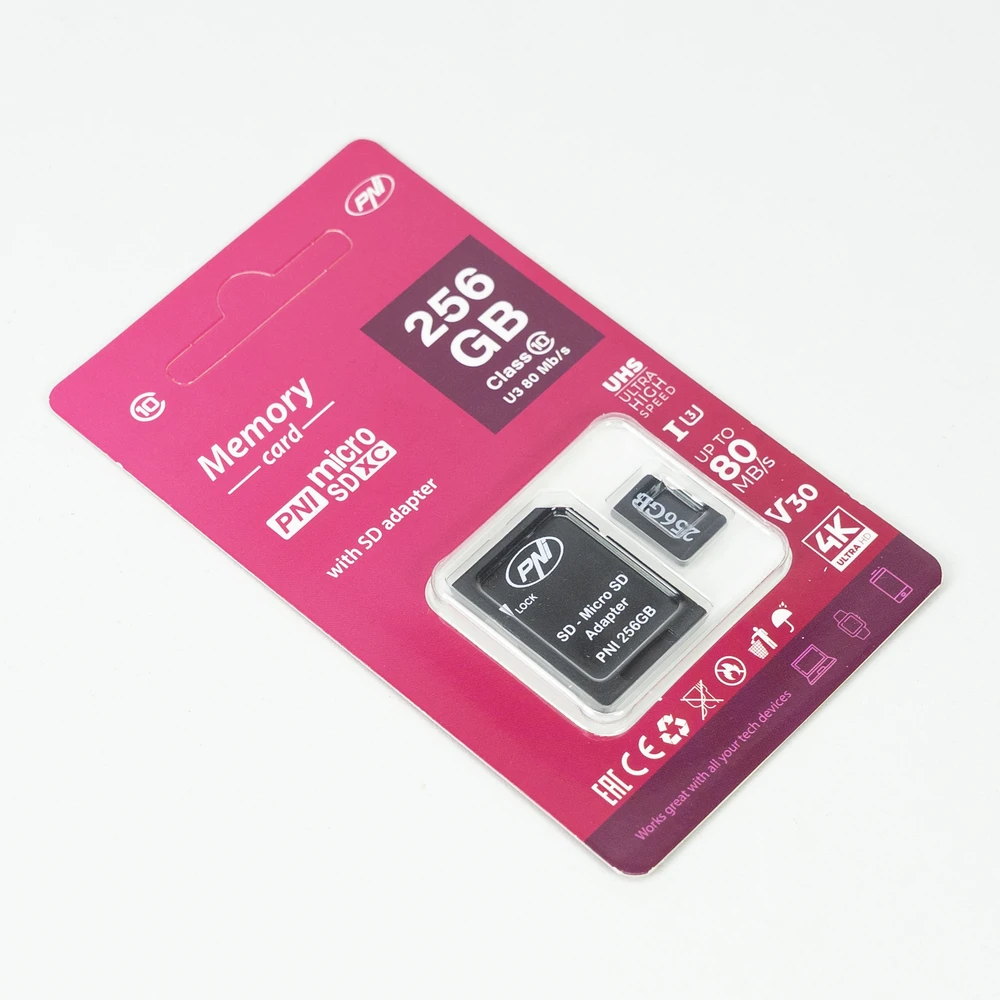 PNI 256GB „MicroSD“ atminties kortelė su SD adapteriu, 10 klasė, 80 Mb/s, V30