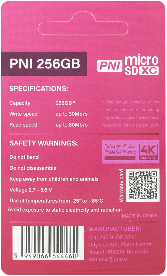PNI 256GB „MicroSD“ atminties kortelė su SD adapteriu, 10 klasė, 80 Mb/s, V30
