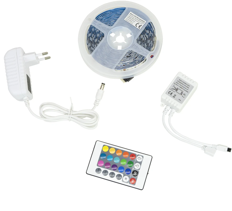 PNI 5050RGB LED juosta su nuotolinio valdymo pulteliu, 5 metrų ilgio, 230 V maitinimo šaltinis, reguliuojamas ryškumas, šviesos efektai, 300 5050 LED lempučių