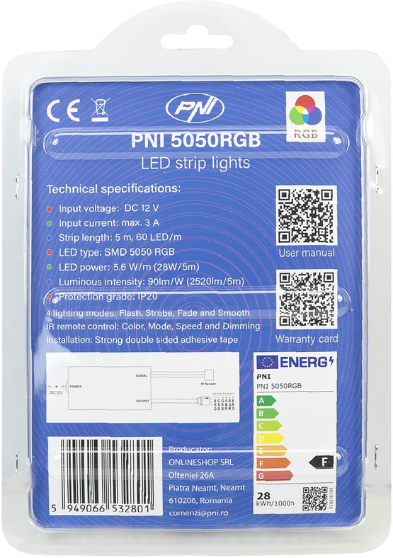 PNI 5050RGB LED juosta su nuotolinio valdymo pulteliu, 5 metrų ilgio, 230 V maitinimo šaltinis, reguliuojamas ryškumas, šviesos efektai, 300 5050 LED lempučių