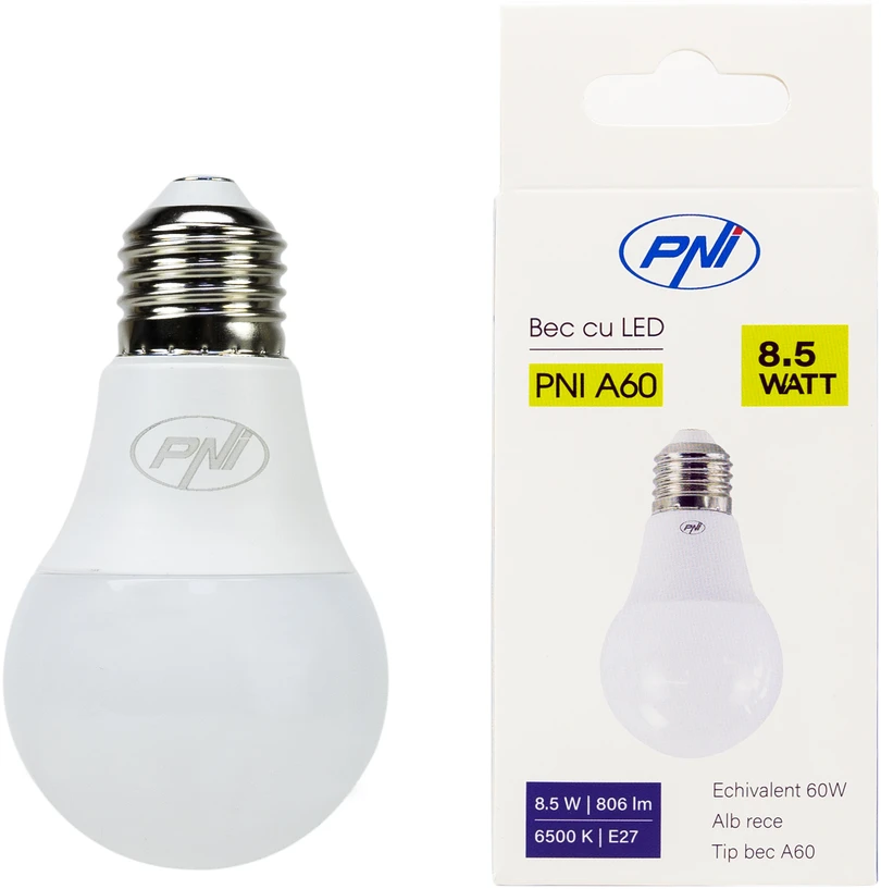 PNI A60 LED lemputė, 8.5W, 806lm, 6500K, E27 lizdas