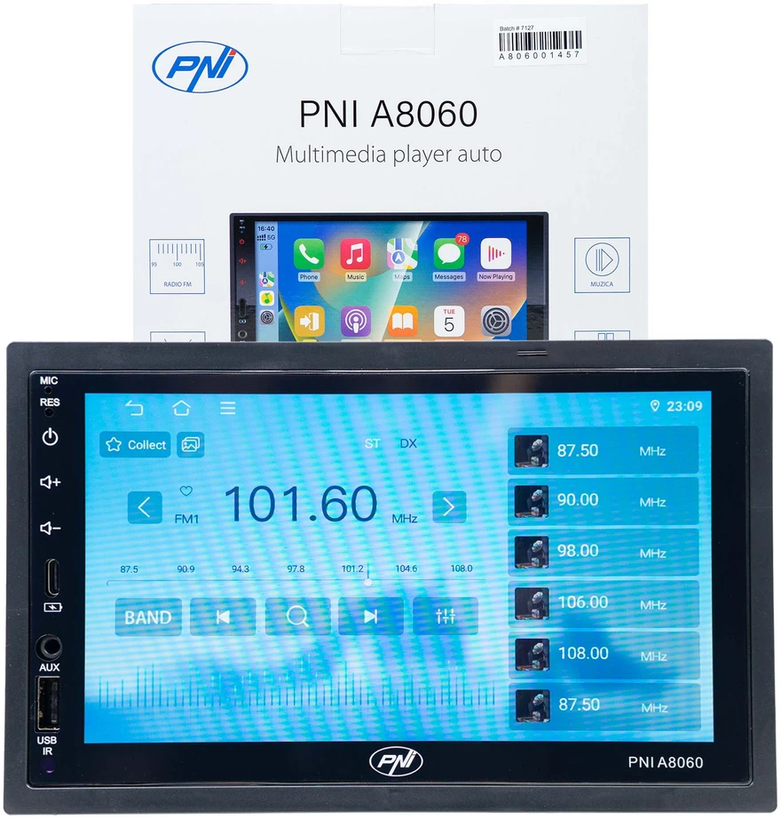 PNI A8060 Automobilinis daugialypės terpės grotuvas su Android 13, 4GB DDR3/64GB ROM, 7 colių ekranu, CarPlay, Android Auto, Bluetooth, Wi-Fi, FM radiju
