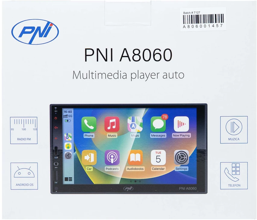 PNI A8060 Automobilinis daugialypės terpės grotuvas su Android 13, 4GB DDR3/64GB ROM, 7 colių ekranu, CarPlay, Android Auto, Bluetooth, Wi-Fi, FM radiju