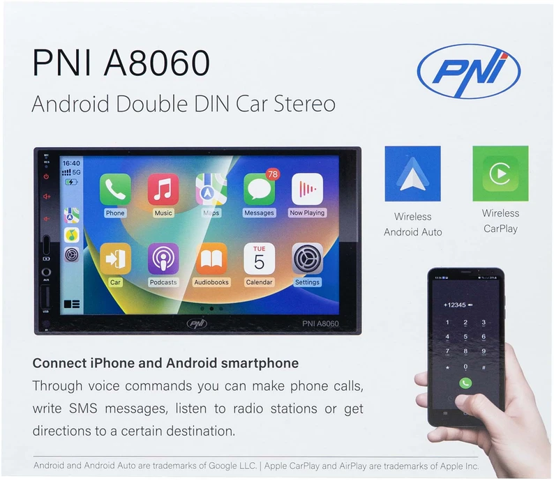 PNI A8060 Automobilinis daugialypės terpės grotuvas su Android 13, 4GB DDR3/64GB ROM, 7 colių ekranu, CarPlay, Android Auto, Bluetooth, Wi-Fi, FM radiju
