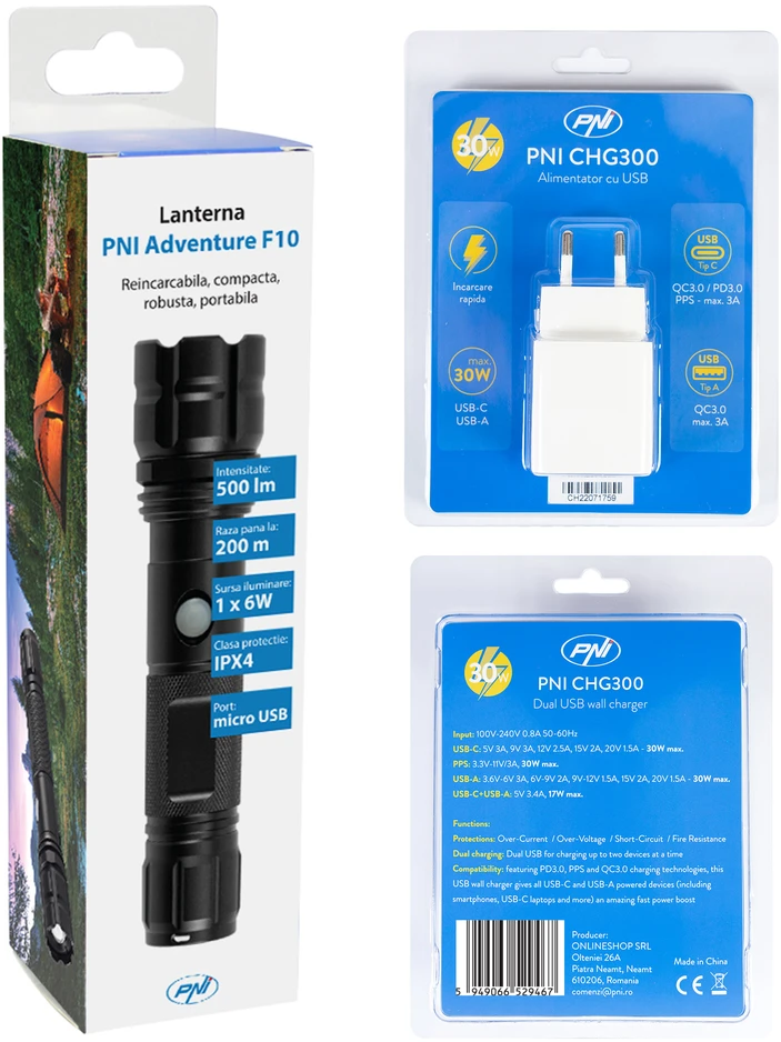 PNI Adventure F10 aliumininis žibintuvėlis su 6W LED, 500lm, iki 200m fokusavimu, su baterija ir PNI CHG300 maitinimo adapteriu su USB C prievadu, QC3.0, PD3.0, PPS ir USB-A prievadu, 30W