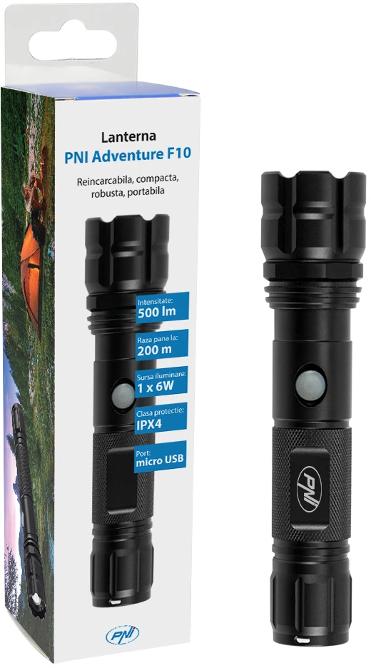 PNI Adventure F10 aliumininis žibintuvėlis su 1x6W LED, 500lm iki 200m fokusavimu, su baterija ir micro USB jungtimi
