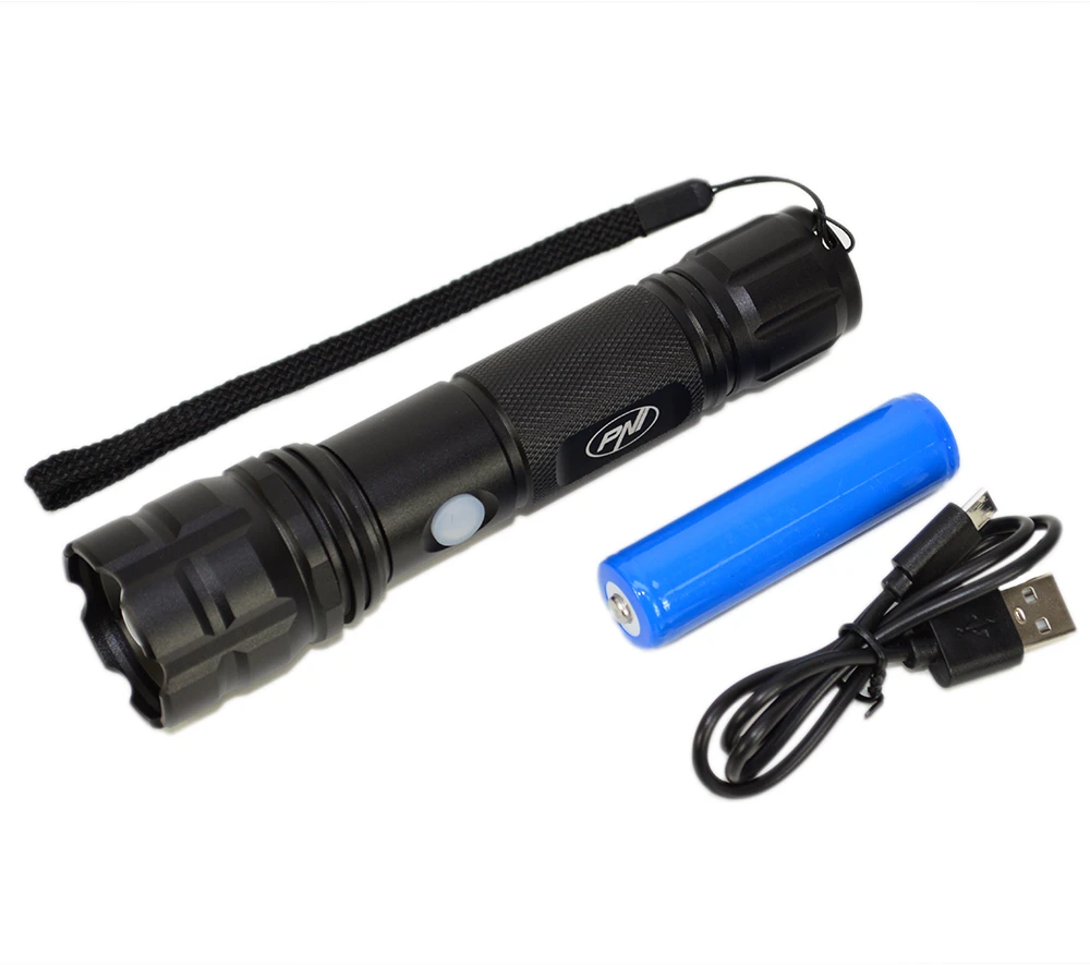 PNI Adventure F10 aliumininis žibintuvėlis su 1x6W LED, 500lm iki 200m fokusavimu, su baterija ir micro USB jungtimi