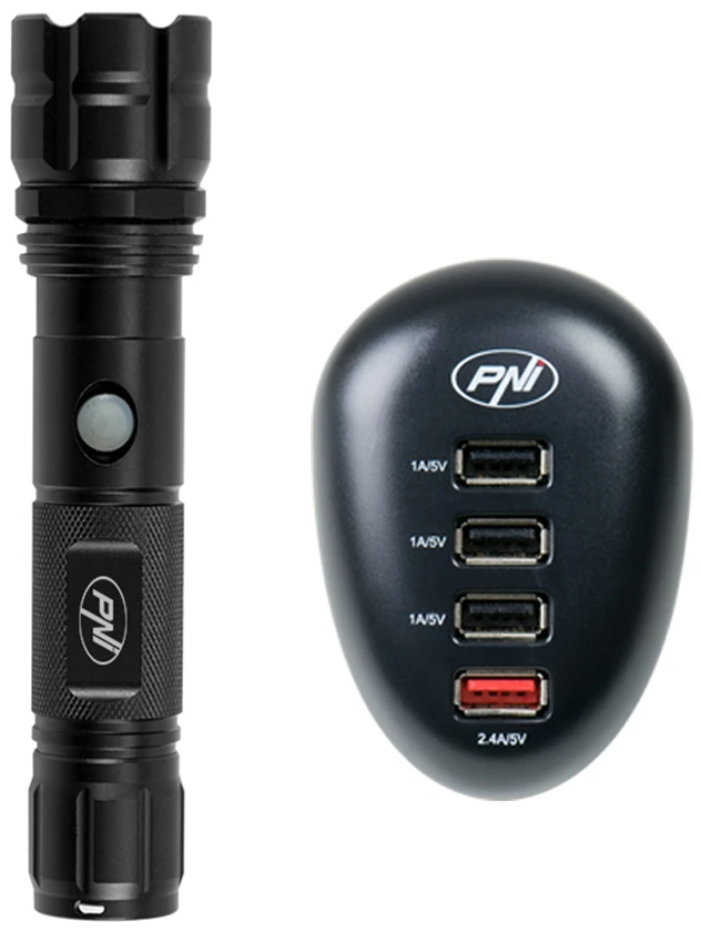 PNI Adventure F10 žibintuvėlių rinkinys ir PN41 HC41 USB įkroviklis