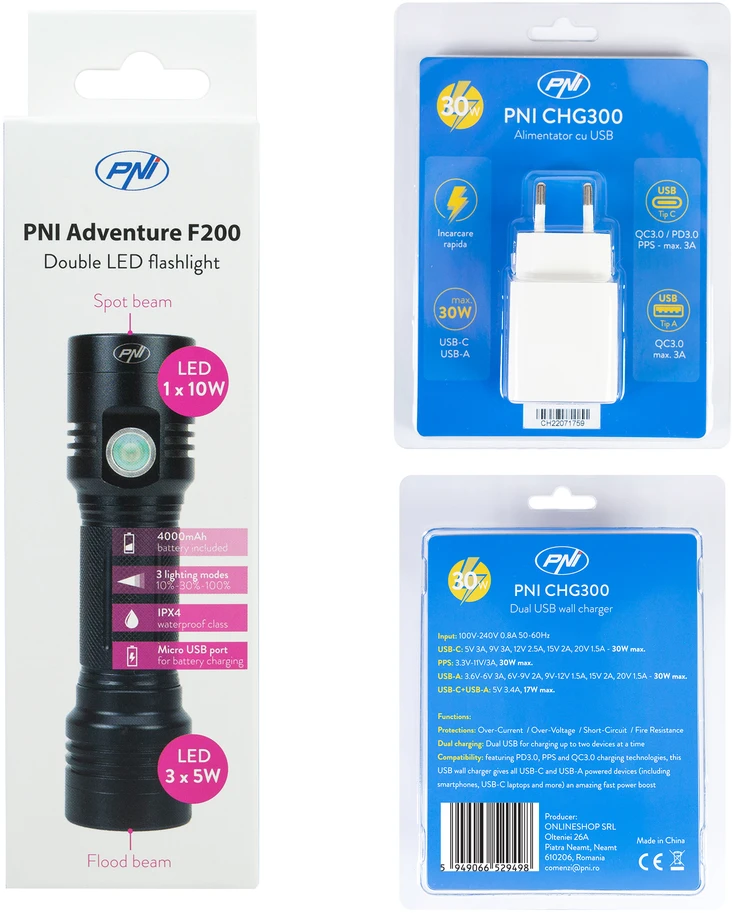 PNI Adventure F200 aliumininis dvigubas žibintuvėlis su LED, 4000mAh baterija, 3 didelės diafragmos LED ir vienu su fokusavimu bei PNI CHG300 maitinimo šaltinis su USB C prievadu, QC3.0, PD3.0, PPS ir USB-A prievadu, 30W
