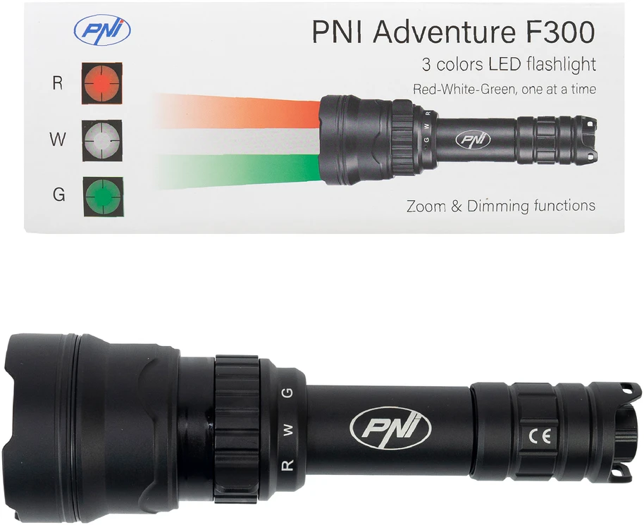 PNI Adventure F300 LED žibintuvėlis, 3 spalvos: balta, raudona, žalia, atstumas 500 m, šviesos srautas 540 lm, 18650 3000mAh baterija komplekte, baterijos įkroviklis komplekte, priartinimo ir šviesos intensyvumo reguliavimo funkcija