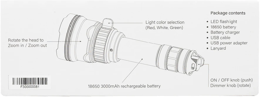 PNI Adventure F300 LED žibintuvėlis, 3 spalvos: balta, raudona, žalia, atstumas 500 m, šviesos srautas 540 lm, 18650 3000mAh baterija komplekte, baterijos įkroviklis komplekte, priartinimo ir šviesos intensyvumo reguliavimo funkcija