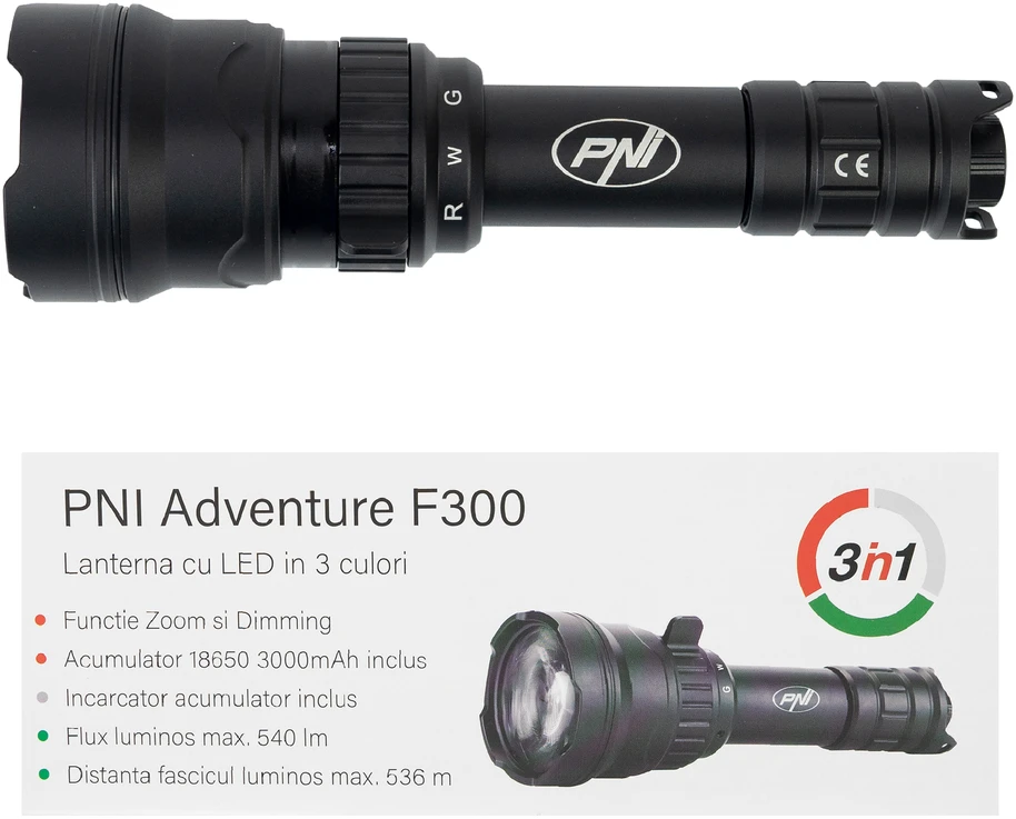 PNI Adventure F300 LED žibintuvėlis, 3 spalvos: balta, raudona, žalia, atstumas 500 m, šviesos srautas 540 lm, 18650 3000mAh baterija komplekte, baterijos įkroviklis komplekte, priartinimo ir šviesos intensyvumo reguliavimo funkcija
