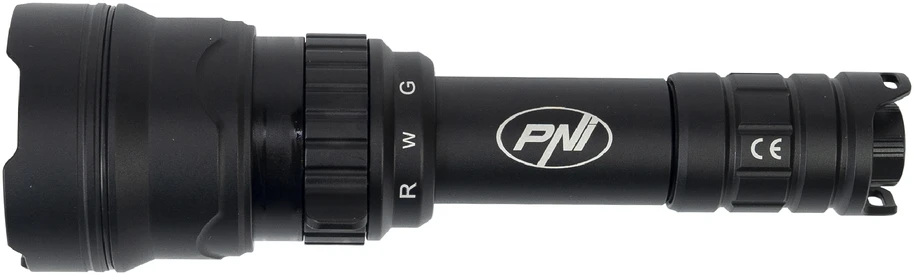 PNI Adventure F300 LED žibintuvėlis, 3 spalvos: balta, raudona, žalia, atstumas 500 m, šviesos srautas 540 lm, 18650 3000mAh baterija komplekte, baterijos įkroviklis komplekte, priartinimo ir šviesos intensyvumo reguliavimo funkcija