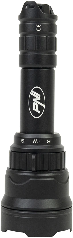 PNI Adventure F300 LED žibintuvėlis, 3 spalvos: balta, raudona, žalia, atstumas 500 m, šviesos srautas 540 lm, 18650 3000mAh baterija komplekte, baterijos įkroviklis komplekte, priartinimo ir šviesos intensyvumo reguliavimo funkcija