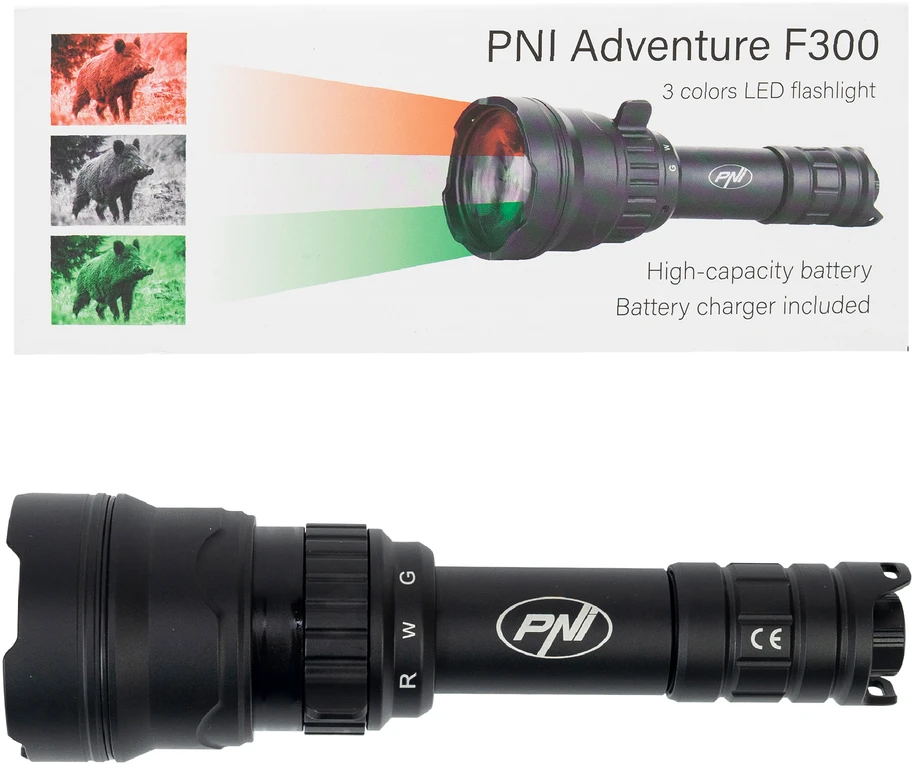 PNI Adventure F300 LED žibintuvėlis, 3 spalvos: balta, raudona, žalia, atstumas 500 m, šviesos srautas 540 lm, 18650 3000mAh baterija komplekte, baterijos įkroviklis komplekte, priartinimo ir šviesos intensyvumo reguliavimo funkcija